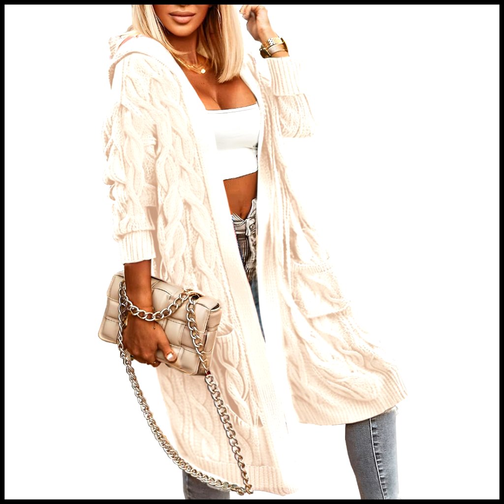 Oversized Hooded Cardigan Sweater, Long Knee Length, Cable Knit, Warm Winter